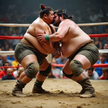 Two sumo wrestlers locked in a powerful grapple during a competitive match, showcasing strength and technique in a sand filled ring.