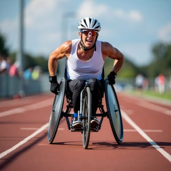 An enthusiastic male Paralympic athlete in a racing wheelchair competes on a track, wearing a white tank top and helmet, showcasing strength and determination.