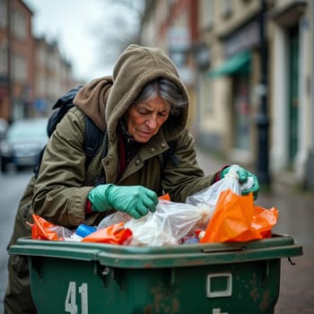 A senior woman in warm clothing searches through a green trash bin on a city street, highlighting issues of poverty and homelessness in urban environments.