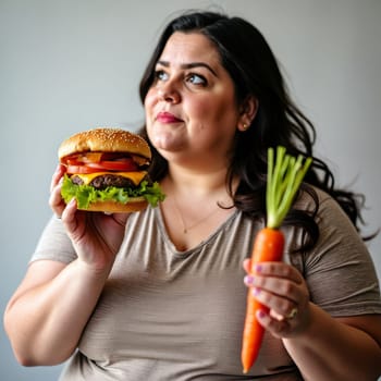 Curvy woman holding a juicy cheeseburger and fresh carrot, symbolizing the struggle between healthy eating and indulgence, with copy space.