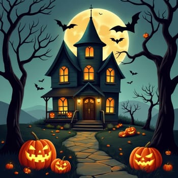 Haunted house with glowing windows surrounded by bare trees, flying bats, and carved pumpkins under a full moon, creating an eerie Halloween atmosphere.