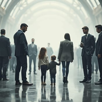 Two young children holding hands surrounded by businesspeople in a futuristic corridor, depicting innocence amidst corporate environment.