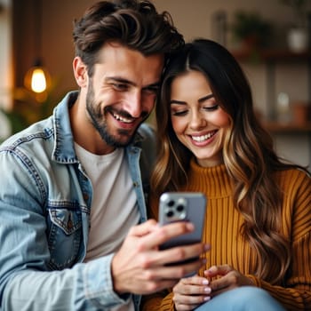 Cheerful young couple smiling while looking at smartphone screen, sharing digital content in cozy home setting with warm lighting.