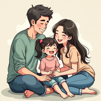 Illustrated happy Asian family with father, mother, and young daughter sitting together, showcasing love, unity and joy in a warm, stylized cartoon style.