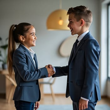 Smiling boy and girl in formal business suits shaking hands in an office setting, portraying future professionals and gender equality in the workplace.