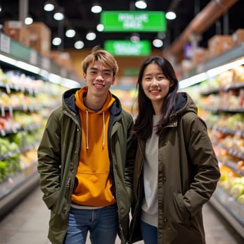 A young man and woman smiling in a grocery store aisle, enjoying their shopping experience together amid fresh produce.
