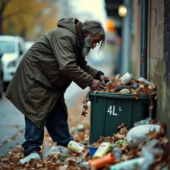 Elderly bearded man in worn clothing searching through a garbage bin on an urban street, surrounded by fallen autumn leaves, depicting poverty and social issues.