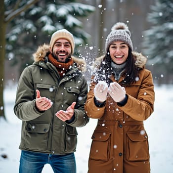 Happy couple in winter clothing laughing and playing with snow in a forest, creating a magical moment amid falling snowflakes.