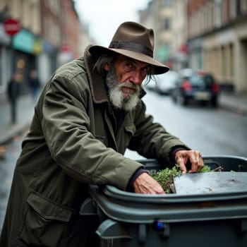 Bearded senior man in hat and coat searching through trash bin on urban street, depicting poverty and homelessness issues in society.