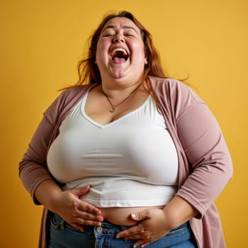 Cheerful plus size woman in casual clothes laughing heartily against bright yellow background, embodying body positivity and self acceptance.