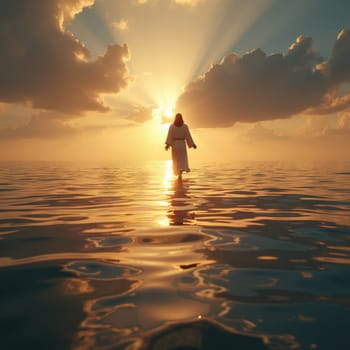 Silhouette of a robed figure of Jesus Christ walking on calm water towards a brilliant sunset, rays of light breaking through clouds, symbolizing faith and miracles.