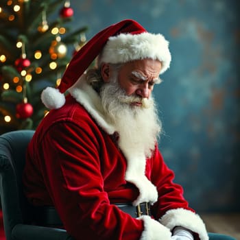 Contemplative elderly man in Santa Claus costume sitting in armchair near decorated Christmas tree with twinkling lights, capturing a moment of quiet reflection during holiday season.