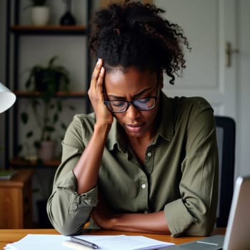 Frustrated African American woman with glasses and curly hair, holding her head while working at home, surrounded by plants, depicting work stress and remote job challenges.
