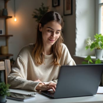 Smiling young woman in cozy sweater working on laptop at home office, surrounded by plants and warm lighting, portraying remote work lifestyle.
