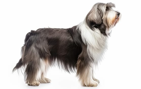 A Bearded Collie dog stands in profile against a pure white background, showcasing its flowing grey and white fur and attentive stance