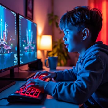 A focused boy plays video games on dual monitors in a dimly lit room, illuminated by colorful ambient lighting, showcasing modern youth entertainment.
