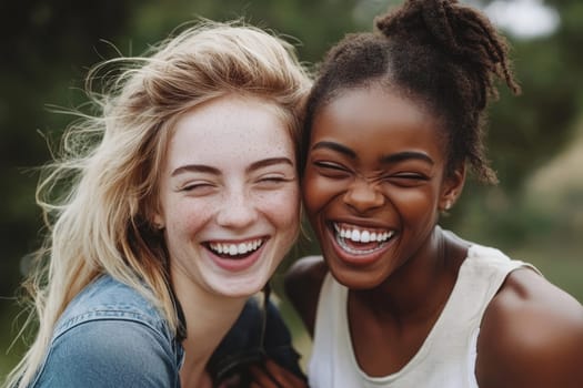 Two friends laughing joyfully outdoors, capturing a moment of happiness and friendship in natural light.