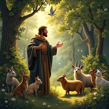 Bearded man in robes with outstretched arms, standing in a sunlit forest glade surrounded by various animals, portraying harmony with nature.
