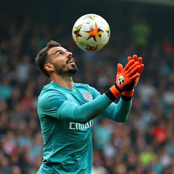 A focused soccer goalkeeper in a teal jersey and orange gloves leaps to catch a colorful ball during a match, demonstrating agility and concentration.