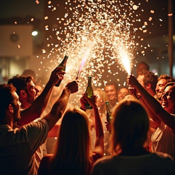 Ecstatic crowd celebrating with drinks and sparklers amid a shower of golden confetti, creating a vibrant party atmosphere.