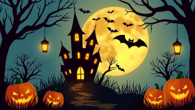 Eerie Halloween landscape with silhouette of haunted castle, glowing jack o' lanterns, bats flying against full moon, and bare trees with hanging lanterns.