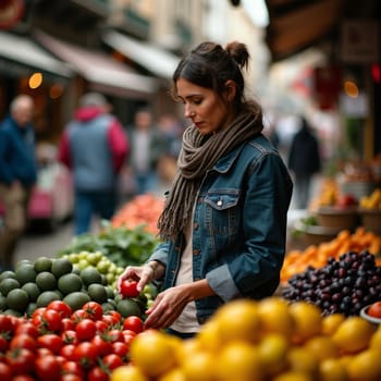 A stylish woman in a denim jacket and scarf selects fresh tomatoes at a vibrant outdoor market, surrounded by colorful fruits and vegetables.