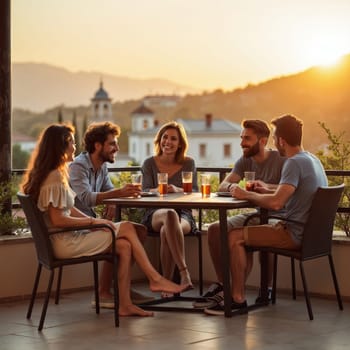 Group of young friends sharing drinks and conversation on a terrace overlooking a picturesque Mediterranean town at golden hour.