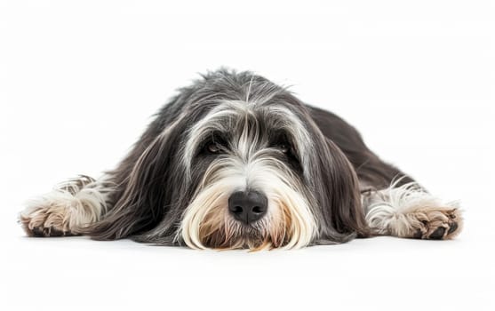 A Bearded Collie lies down, relaxed, on a white background, its fluffy fur and content expression make it a perfect subject for a stock photo