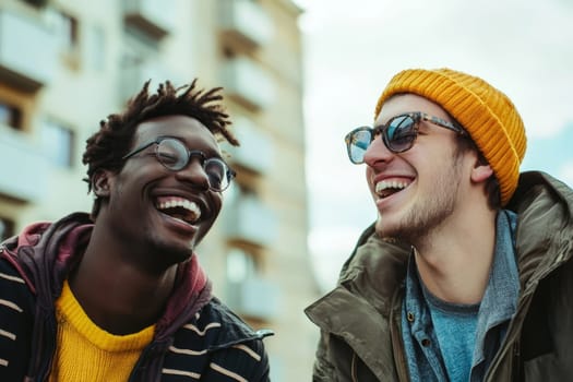 Two stylish friends laugh joyfully in an urban setting, highlighting their friendship and happiness.