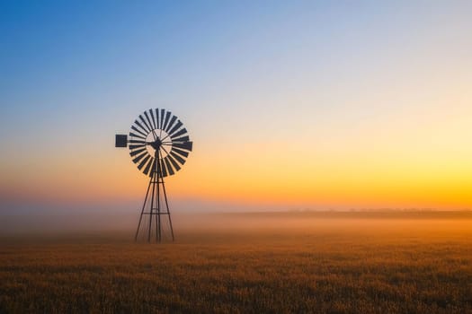 Majestic windmill silhouette against a vibrant golden sunset sky, overlooking a misty field of golden wheat, embodying rural tranquility and agricultural heritage.