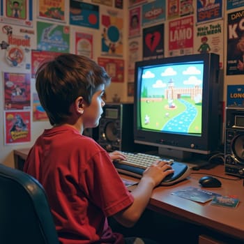 Young boy in red shirt playing vintage video game on old computer, surrounded by colorful retro posters, capturing childhood nostalgia and gaming culture.