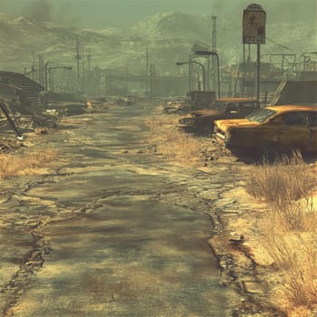 Submerged street in a devastated city with abandoned cars and ruined buildings, showcasing the aftermath of a catastrophic event in a post apocalyptic world.