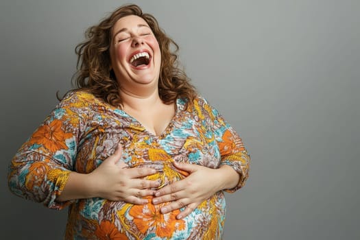 Curvy woman with curly hair wearing colorful floral top laughing wholeheartedly while holding her belly, embodying joy and body positivity against neutral backdrop.