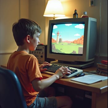 A young boy engrossed in an animated video game on a desktop computer, experiencing adventure and fun.
