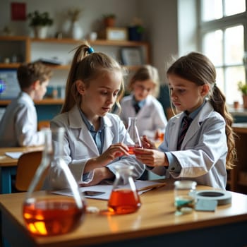 Two attentive schoolgirls in lab coats examining red liquid in flask during science class, illustrating STEM education, curiosity, and hands on learning for children.