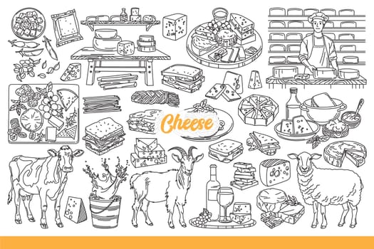 Fresh cheese made from farm milk from cow or goat and sold in store. Delicious cheese made of natural organic ingredients for appetizer with wine or healthy morning snack. Hand drawn.
