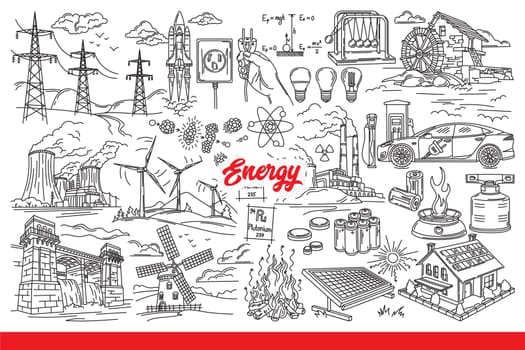 Energy industry with equipment for producing environmentally friendly electricity or gas. Energy equipment for producing electricity from renewable sources or minerals and water. Hand drawn