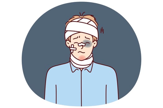 Beaten man with bandages on head and band-aid on face after accident or catastrophe needs medical help. Guy with hematomas and bruises after being beaten by hooligans or falling from great height