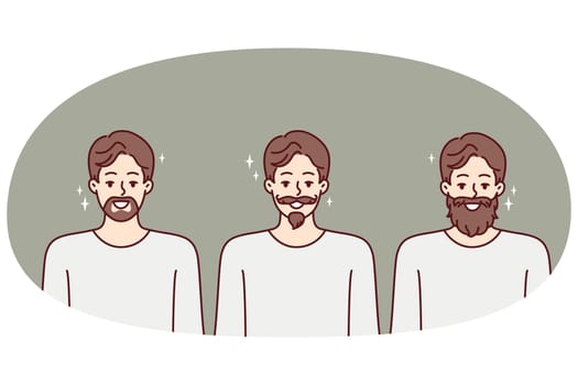Men with different style mustaches and beards for advertising hipster barbershop or beauty salon. Hipster boys smiling showing off youthful haircut and trendy beard made in barbershop