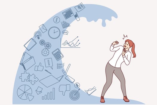 Woman, victim of information overload, stands under wave of intrusive news that causes violation of attentiveness. Problem of information overload for business lady who got job in large corporation
