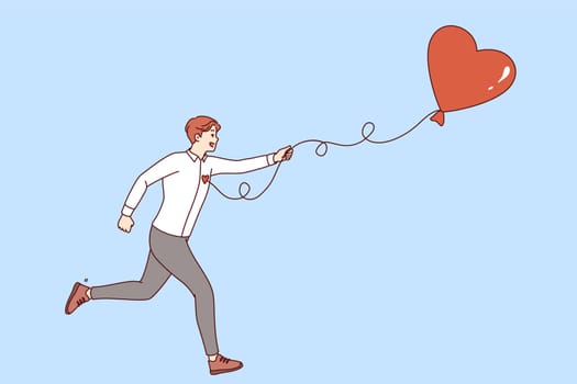 Business man follows own heart, hoping to find dream job or new romantic relationship with girl. Running guy strives to achieve ambitious career goal, thanks to presence of motivation.