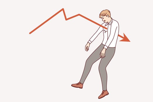Business man, victim of crisis and recession, was wounded by financial falling chart symbolizing inflation. Businessman or investor went bankrupt or lost job because of crisis in labor market