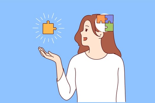 Process of self-discovery in girl with puzzle in head and hands, exploring own thoughts and behavior. Importance of self-discovery for personality development or maintaining psychological balance