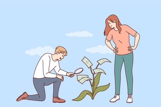 Family investment from man and woman growing money tree together to save for honeymoon or buying property. Spouses engage in family investments to achieve financial freedom and freedom from debt.