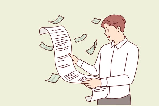 Tax burden and bill from federal government shocks man who opens mouth after reading letter from tax inspector. Upset guy suffered financial losses due to lack of accountant and unreasonable expenses