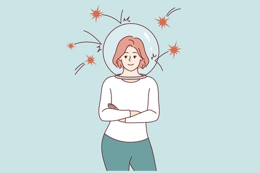Woman demonstrates resistance to stress thanks to dome that protects from negativity and attacks from enemies. Girl uses psychological hacks to develop stress resistance and antifragility