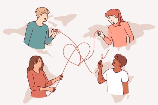 International community of students communicating via internet and participating in volunteer activities. Global community of multinational young people promoting love and friendship between people