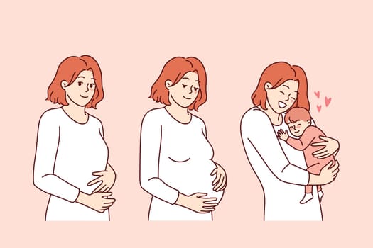 Pregnancy cycle of thin woman, during period of conception and after birth of baby. Happy girl experiences joy of motherhood thanks to surge of hormones and birth of wonderful son.