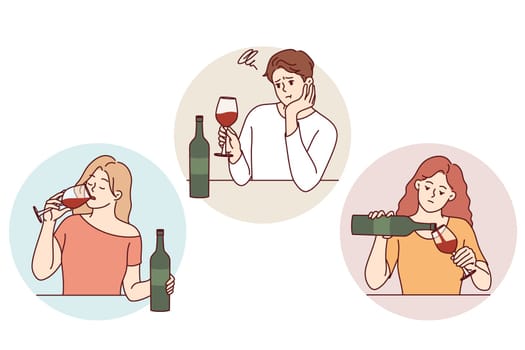 Problem of drinking alcohol beverages alone, in men and women who drink red wine. People with bottle and wineglass suffer from alcohol addiction and lack of friends to spend time together