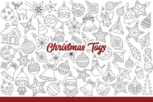 Christmas toys for decorating fir tree or fireplace and creating festive interior. Christmas toys in shape of snowman or animals and classic new year balls with simple ornament. Hand drawn.